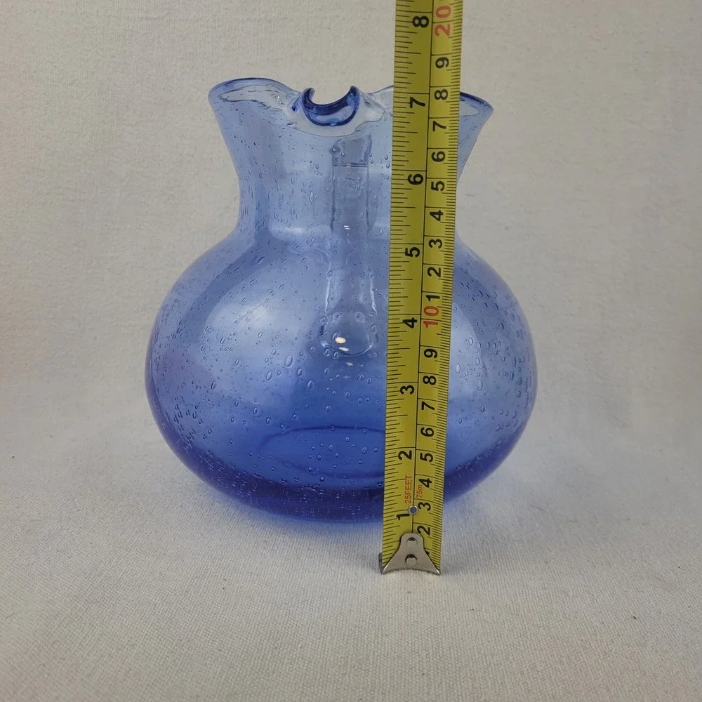 Artland Iris Blue Bubble Glass Pitcher Handblown Seeded Glass Round‎ 7